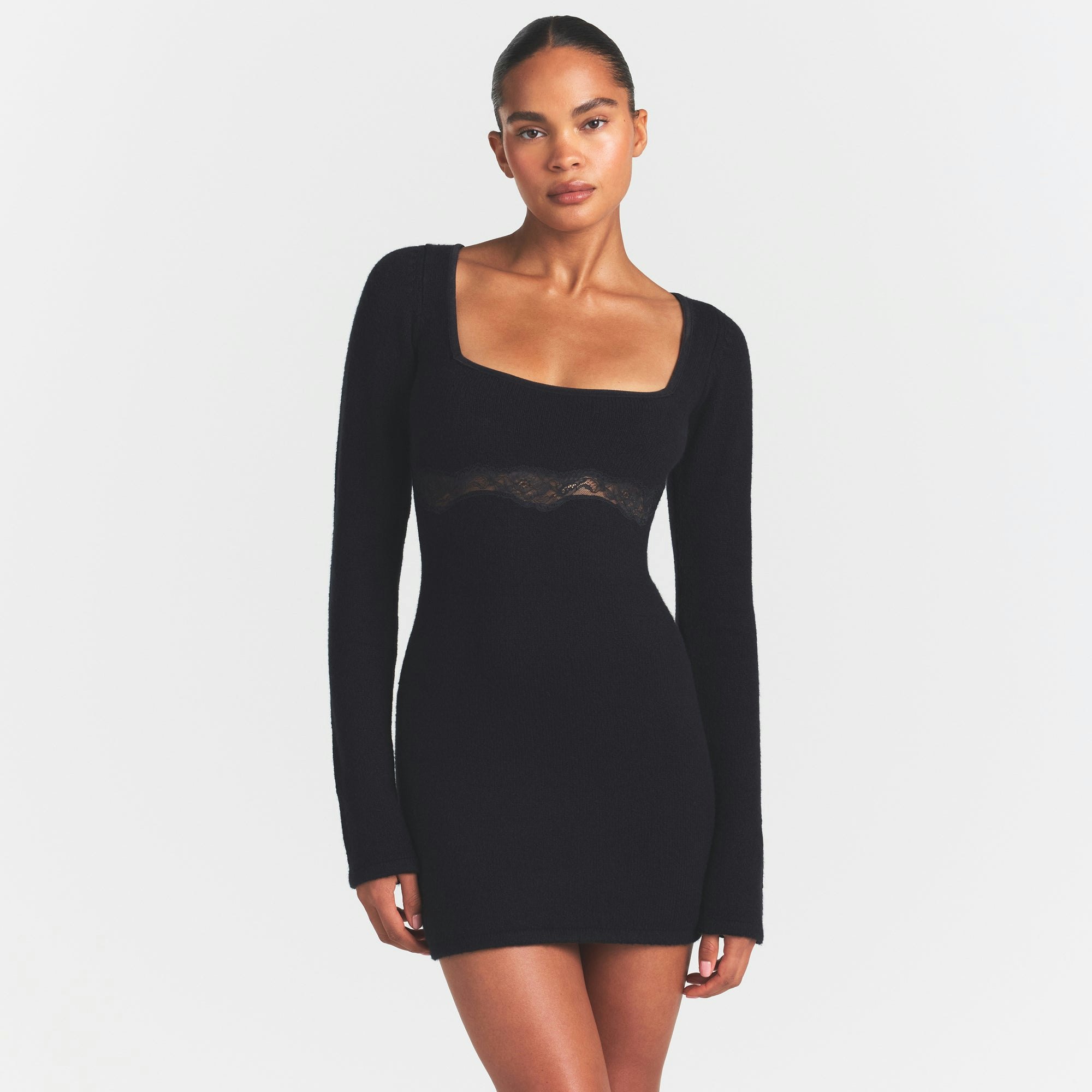 LACE KNIT LONG SLEEVE MINI DRESS